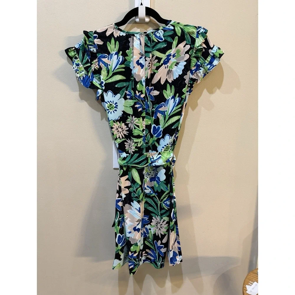 Kate Spade Full Bloom Belted Dress Ruffle Sleeves Floral Green‎ Blue Size 6
